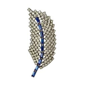 Vintage 1960s Blue Baguette & Clear Rhinestone Leaf Mid Century Brooch